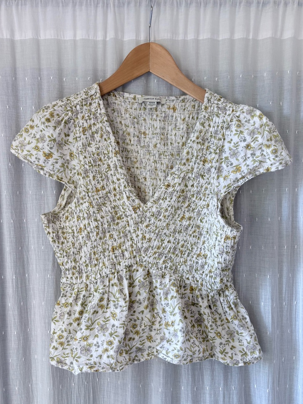American Eagle Outfitters Olive Floral Smocked V-Neck Peplum Top